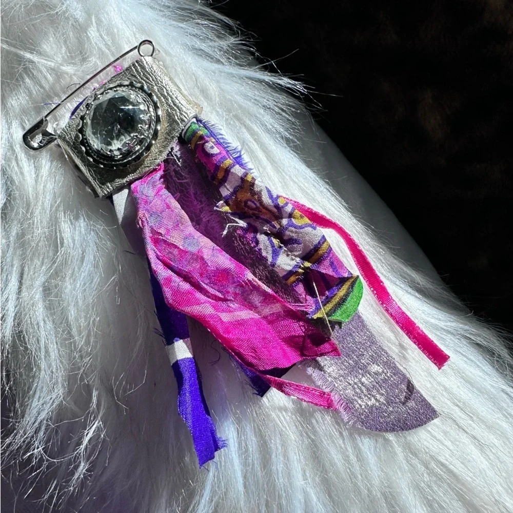 Boho | Fabric Brooch |,Hand Crafted Pin Crystal Embellished 5’ Silk and Lace